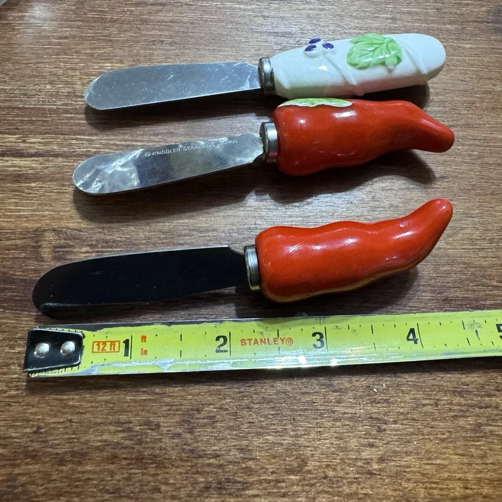 Vintage Knobler Ceramic Butter Spreader Knives Stainless Made In Japan Set‎ Of 3